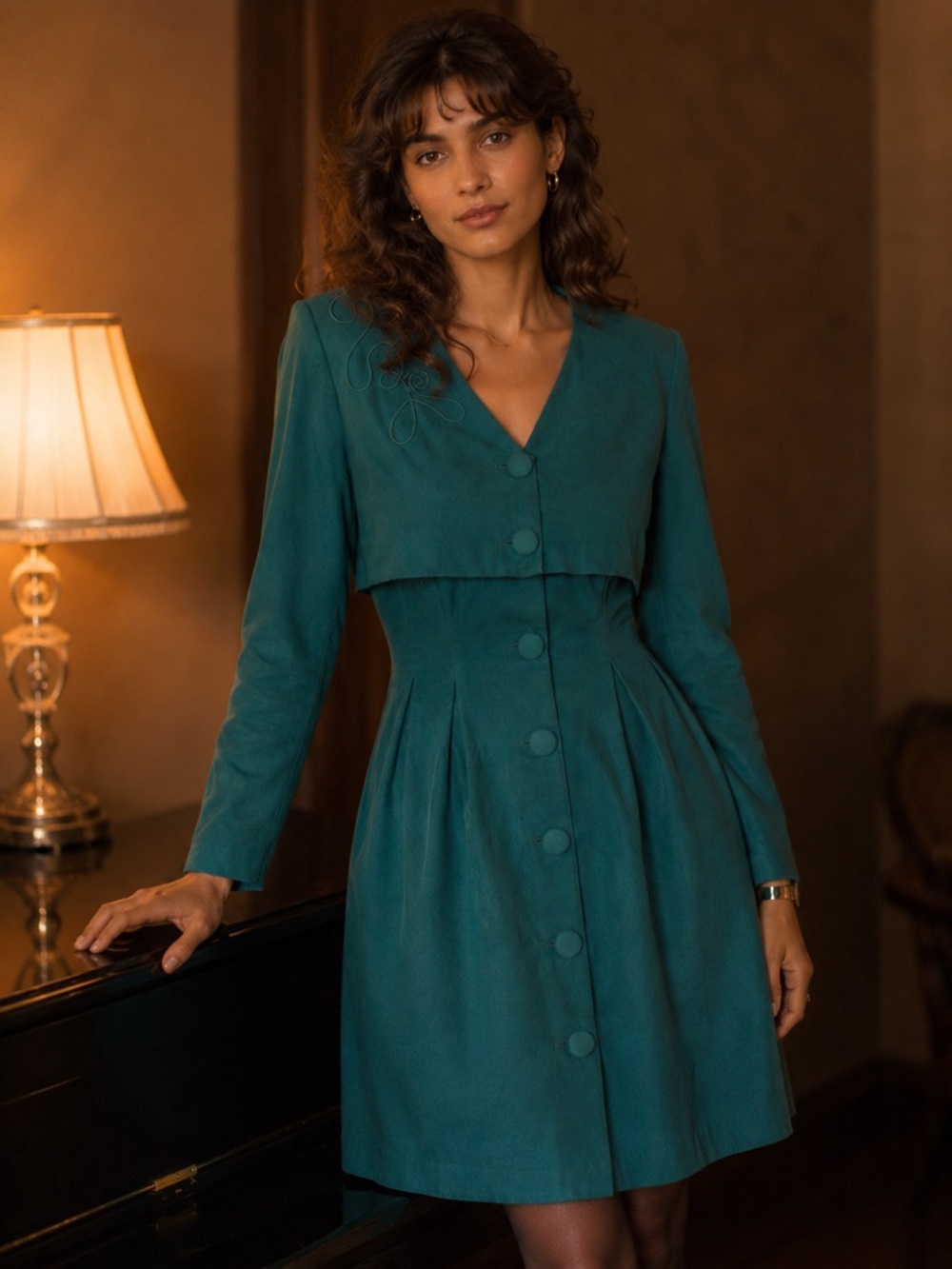 Vintage Brioche California Teal Dress Attached Bolero Jacket Size 7/8